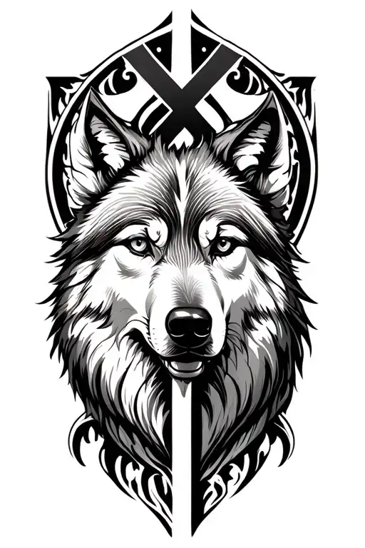Front-view wolf and cross tattoo design, modern artistic style, fine line tattoo, black and grey realism, clean backgrou tattoo design idea