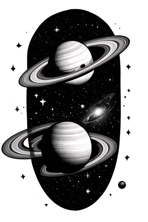 forming saturn around a galaxy background looking through lens tattoo design idea