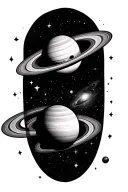 forming saturn around a galaxy background looking through lens tattoo design idea