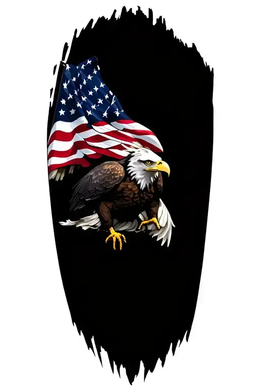 A patriotic tattoo featuring an eagle clutching the American flag in its talons, set against a black and grey background tattoo design idea