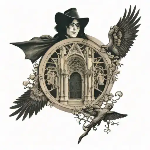 A realistic tattoo that intertwines the facade of Notre-Dame with the round window, the figure of Michael Jackson in tattoo design idea