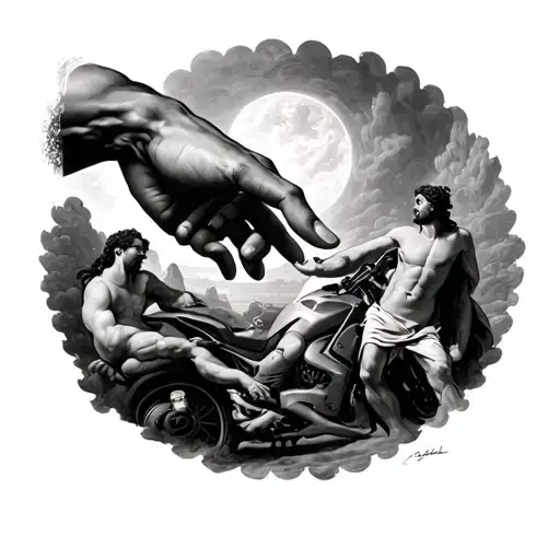 Gods hand from the painting "creation of Adam" reaching for a motorcycle clutch tattoo design idea