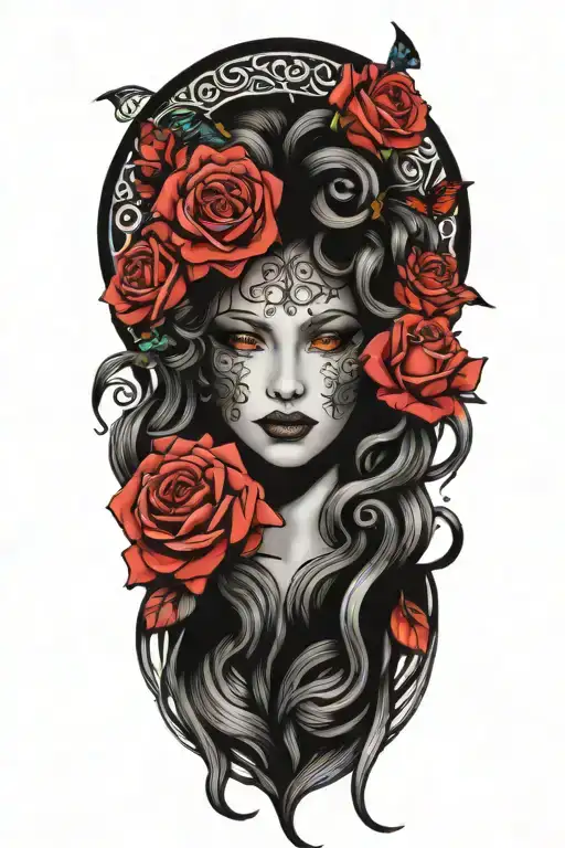 Medusa's head with roses and butterflies framing her tattoo design idea