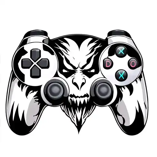 playstation controller surrounded with strange devil face tattoo design idea