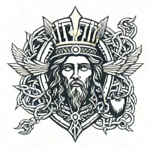 sacred heart of jesus with crown of thorns and broken chains topped with an egyptian ankh tattoo design idea