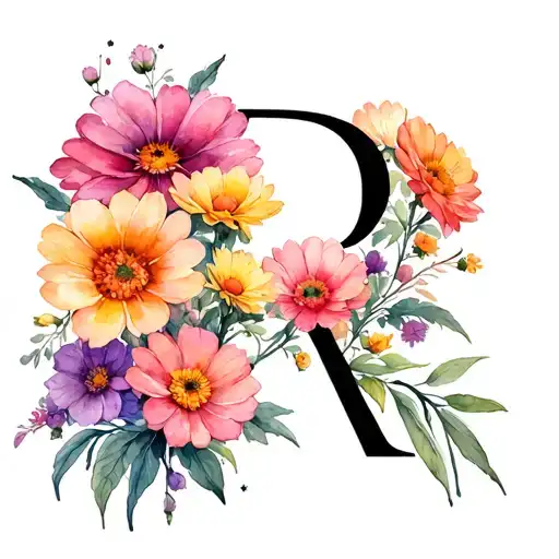 A large cluster of a dozen blooming flowers, whose lines allow an R to be hidden amongst the lines of the center flowers tattoo design idea