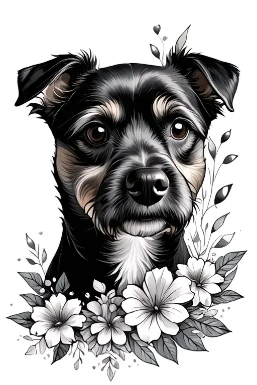 dog memorial with geometry and flowers tattoo design idea