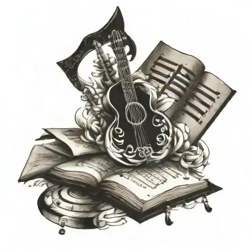 Incorporate a quill pen, book and musical notes intertwined with Buddhist symbols tattoo design idea