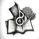 Incorporate a quill pen, book and musical notes intertwined with Buddhist symbols tattoo design idea
