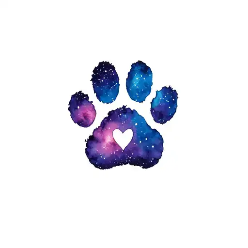 a kitty paw print with a galaxy night sky above it, and a half of a heart in the sky tattoo design idea