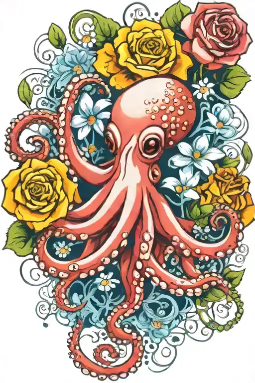 octopus, white flower  snowdrop, rose,  marigold flower tattoo design idea