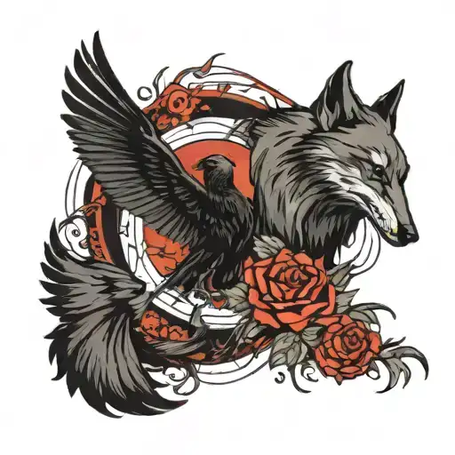 tattoo The man falls apart, a raven flies out of him, a she-wolf goes away tattoo design idea
