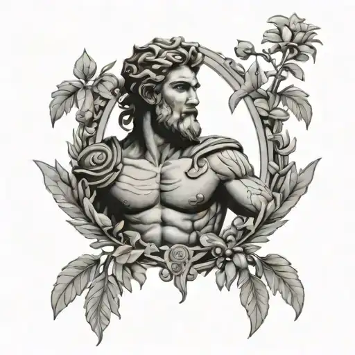 Roman gods Neptune, Mercury, and Mars with olive branches and leaves around them tattoo design idea