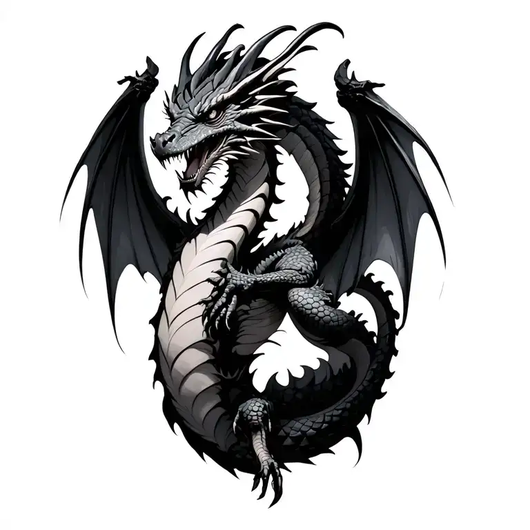 realistic dragon wrapped around the shoulder and chest, aggressive pose, detailed scales, wings, black and gray color scheme tattoo design idea