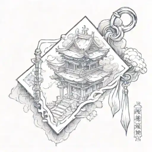 the side face of a pagoda perspective exiting the single omamori japanese blank empty paper charm tattoo design idea