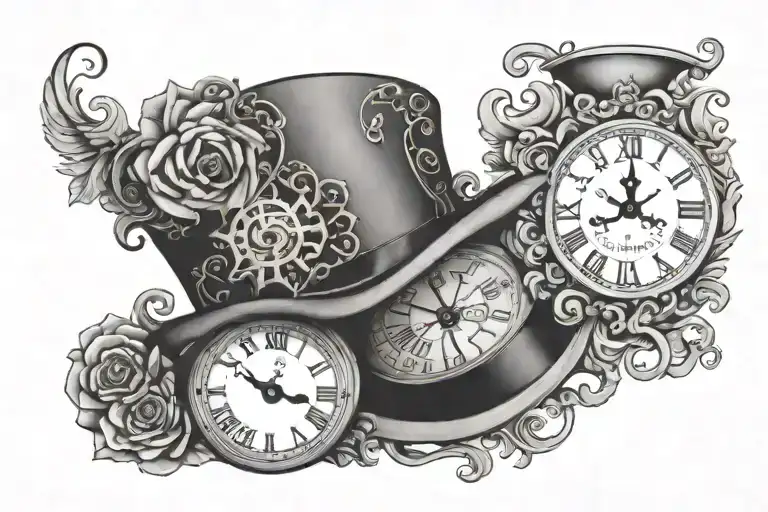 clock, heart locket inside top hat tattoo design idea
