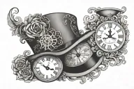 clock, heart locket inside top hat tattoo design idea