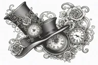 clock, heart locket inside top hat tattoo design idea
