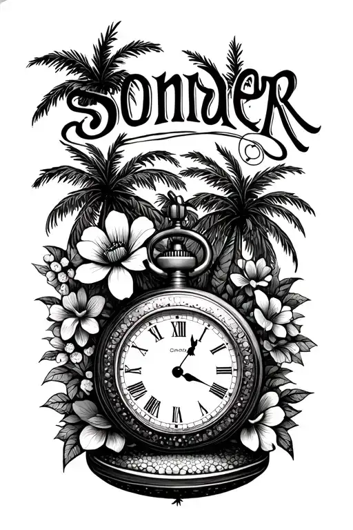 the word "sonder" with flowers, palm trees, and an old pocket watch tattoo design idea