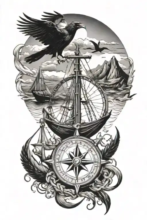 Anchor, viking ship sailing, compass rose, ravens flying tattoo design idea