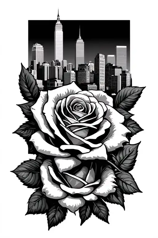 roses intertwined with Baltimore city skyline tattoo design idea