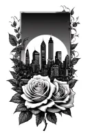 roses intertwined with Baltimore city skyline tattoo design idea