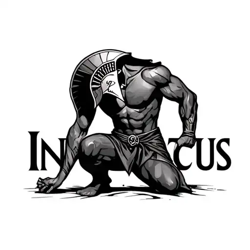 tatoo with spartan kneeling but looking forward with the word INVICTUS  tattoo design idea