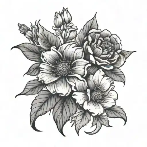 2 august brith flowers with with one july birth flower. fine line with a bow tied at the bottom  tattoo design idea