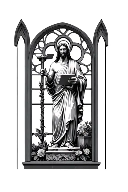 rose window with statue of moses holding the tablets tattoo design idea