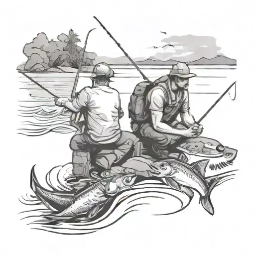 Dad and son fishing in the sea tattoo design idea