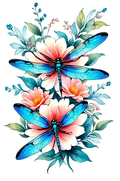 floral fine line with dragonflies  tattoo design idea