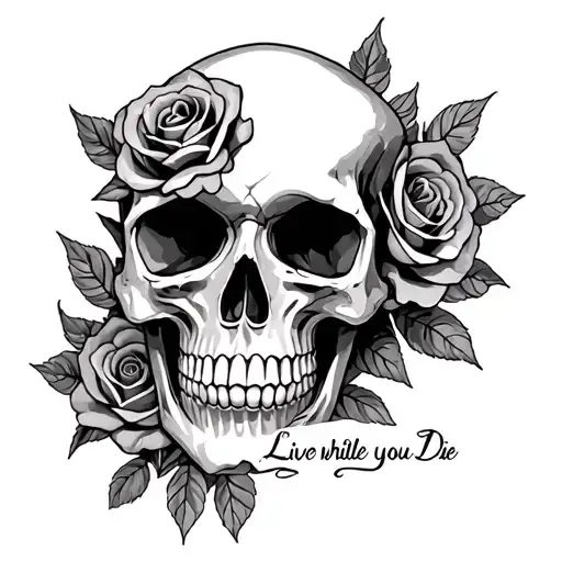 "Live While You Die" skull and rose wrapped tattoo design idea