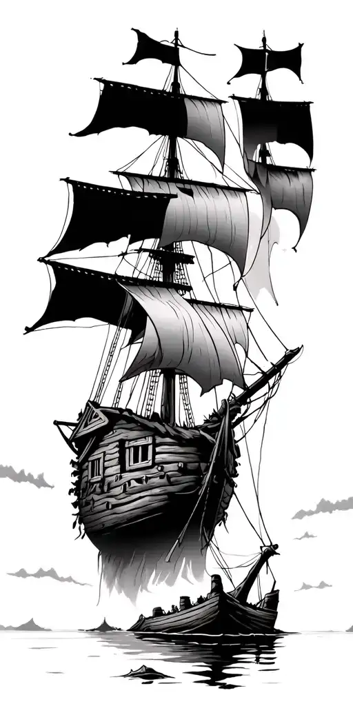 pirate ship log cabin woods tattoo design idea