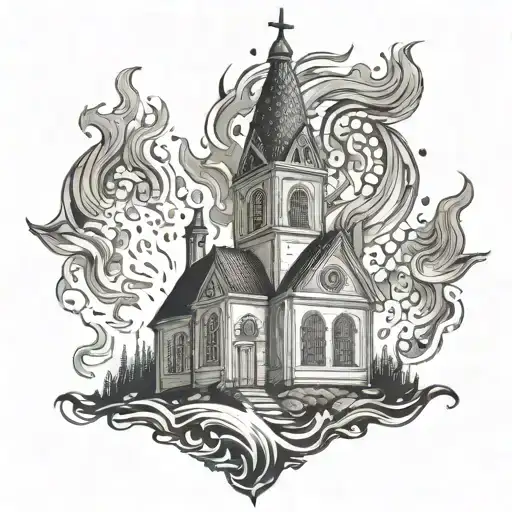 burning norwegian church fire flames tattoo design idea