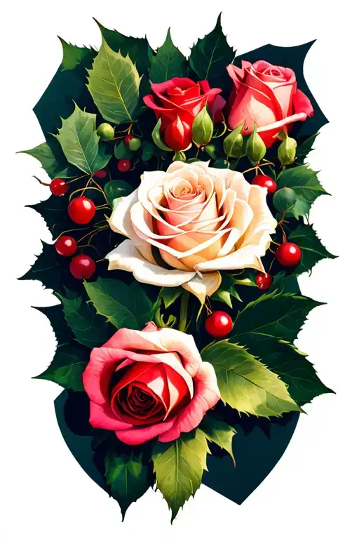 roses cosmo holly berries bouquet tattoo design idea