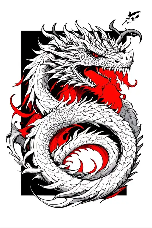 "Powerful yet elegant" A dynamic, fierce dragon design wrapping the upper arm, black ink with vibrant red accents, huge not much details tattoo design idea