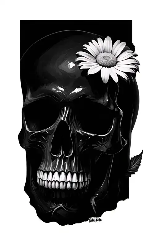 black and skull and daisy flower tattoo design idea