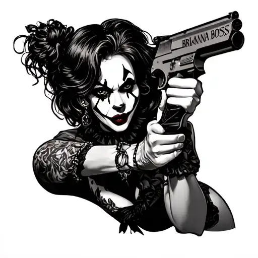 sexy clown woman with a gun bent over saying brianna boss full body  tattoo design idea
