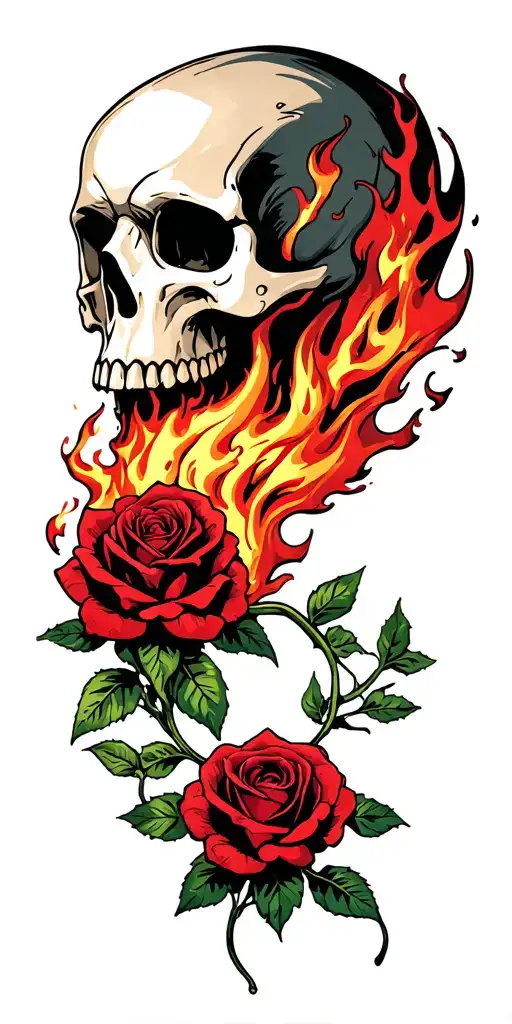 skull breathing fire with roses  tattoo design idea
