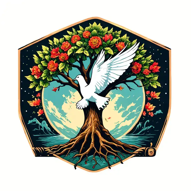 world tree with a dove and a sign of peace and clarity tattoo design idea