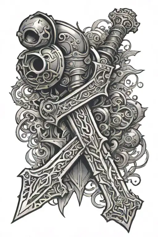 doodle gear armor sword gun intertwined tattoo design idea