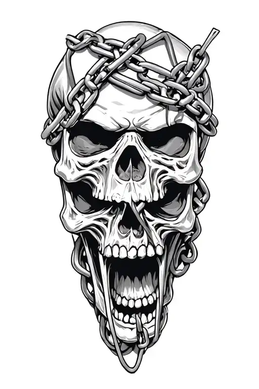 addiction evil angry skulls  and chains wrapped tattoo design idea