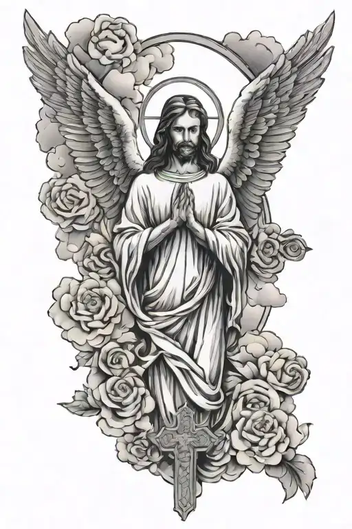 Cross with clouds behind it angels and  doves with praying hands too tattoo design idea