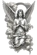 Cross with clouds behind it angels and  doves with praying hands too tattoo design idea