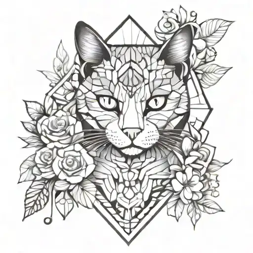 cat and flowers surrounding tattoo design idea
