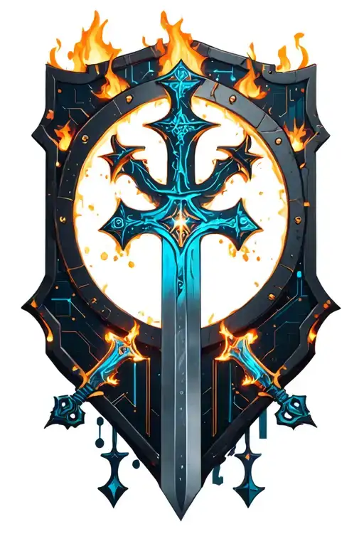 Two daggers and sword hiden behind a shield. Orthodox cross. Water fire. Dragon tattoo design idea