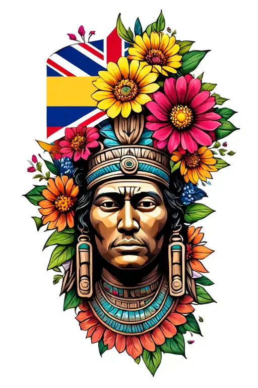 aztec statue, colourful flowers, colombia flag and union jack flag as backdrop tattoo design idea
