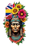aztec statue, colourful flowers, colombia flag and union jack flag as backdrop tattoo design idea
