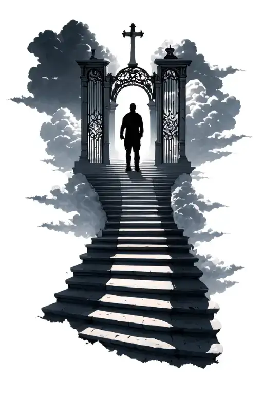Stairway to heaven with gates and clouds with a man standing at the top of the stairs with his shadow on the stairs. In  tattoo design idea