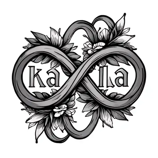 the name "kayla" in a infinity symbol where each letter of her name stretches across the lemniscate tattoo design idea